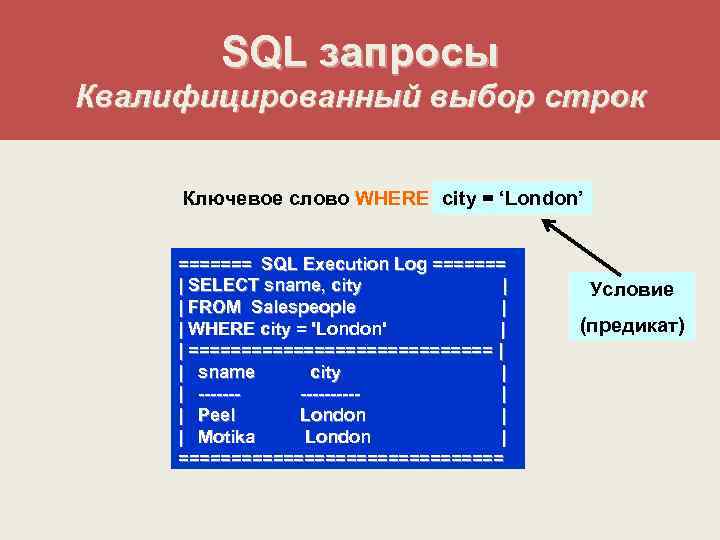 SQL запросы Квалифицированный выбор строк Ключевое слово WHERE city = ‘London’ ======= SQL Execution