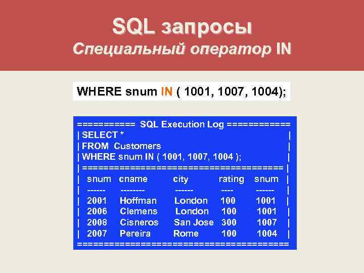 SQL запросы Специальный оператор IN WHERE snum IN ( 1001, 1007, 1004); ====== SQL