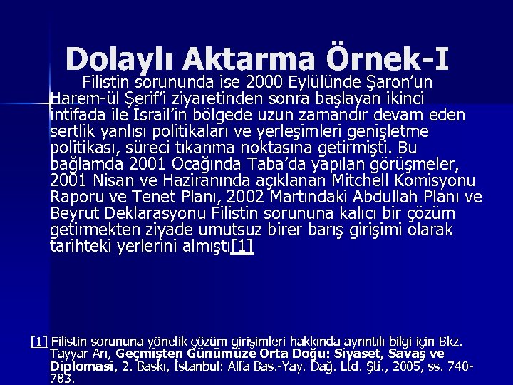 Dolaylı Aktarma Örnek-I Filistin sorununda ise 2000 Eylülünde Şaron’un Harem-ül Şerif’i ziyaretinden sonra başlayan