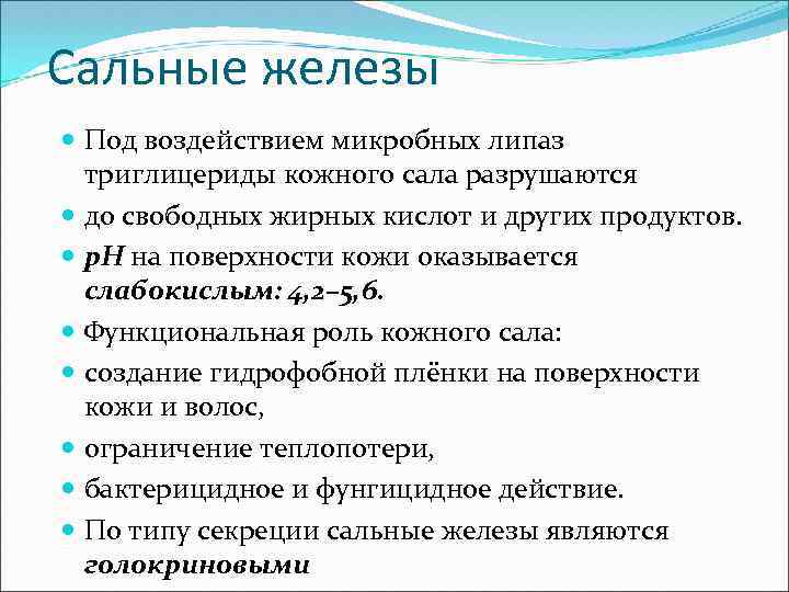 Сальные железы Под воздействием микробных липаз триглицериды кожного сала разрушаются до свободных жирных кислот