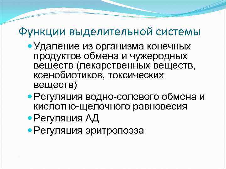 Функции выделительной системы Удаление из организма конечных продуктов обмена и чужеродных веществ (лекарственных веществ,