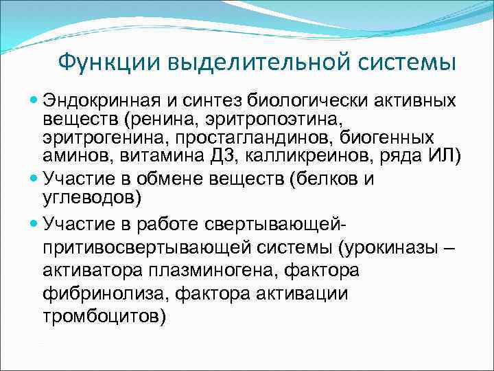 Функции выделительной системы Эндокринная и синтез биологически активных веществ (ренина, эритропоэтина, эритрогенина, простагландинов, биогенных