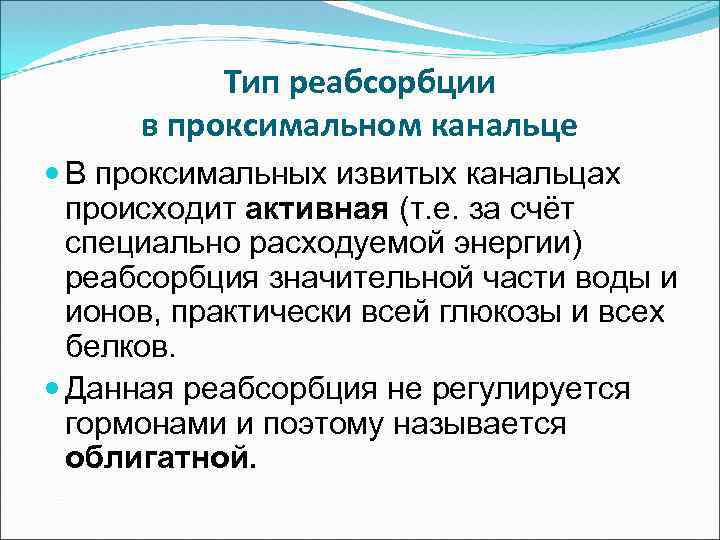 Тип реабсорбции в проксимальном канальце В проксимальных извитых канальцах происходит активная (т. е. за