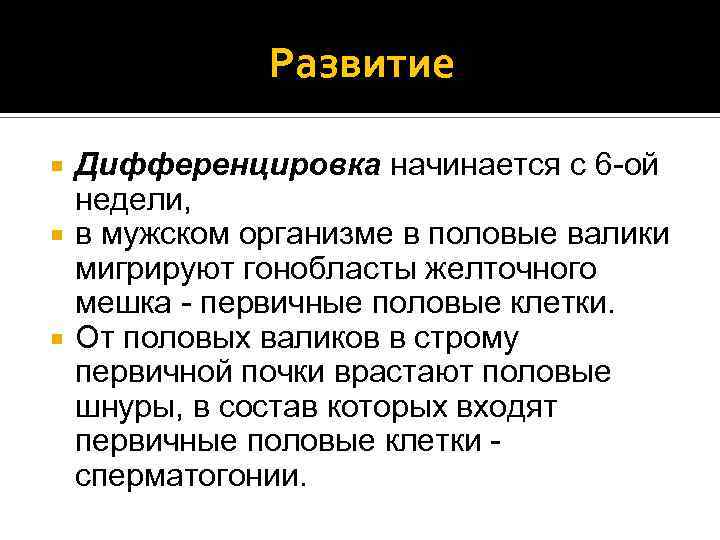 Развитие Дифференцировка начинается с 6 -ой недели, в мужском организме в половые валики мигрируют