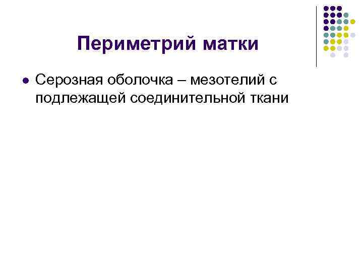 Периметрий матки l Серозная оболочка – мезотелий с подлежащей соединительной ткани 