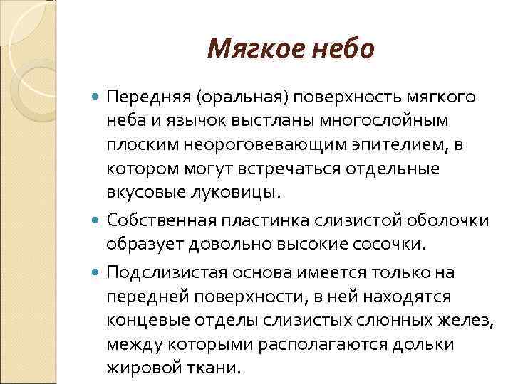 Мягкое небо Передняя (оральная) поверхность мягкого неба и язычок выстланы многослойным плоским неороговевающим эпителием,