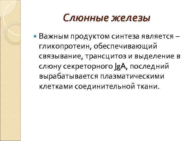 Слюнные железы Важным продуктом синтеза является – гликопротеин, обеспечивающий связывание, трансцитоз и выделение в