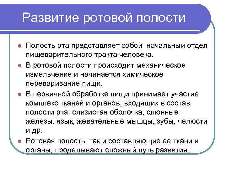 Развитие ротовой полости Полость рта представляет собой начальный отдел пищеварительного тракта человека. l В