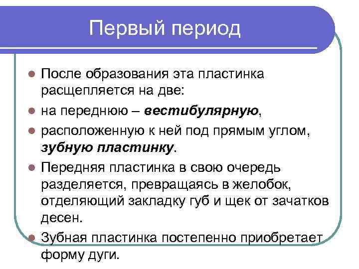 Первый период l l l После образования эта пластинка расщепляется на две: на переднюю