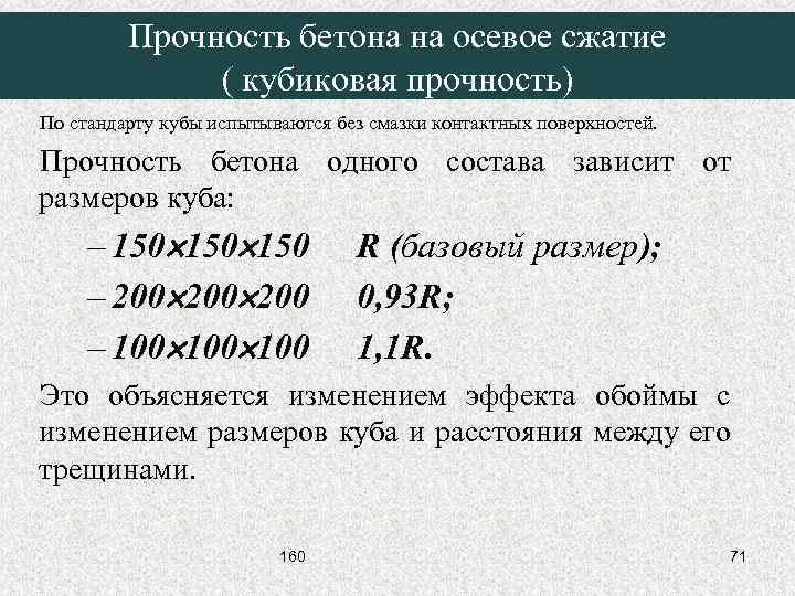 Прочность бетона на осевое сжатие ( кубиковая прочность) По стандарту кубы испытываются без смазки