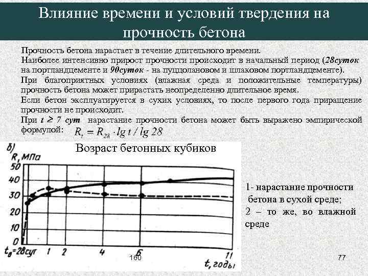 Влияние времени и условий твердения на прочность бетона Прочность бетона нарастает в течение длительного