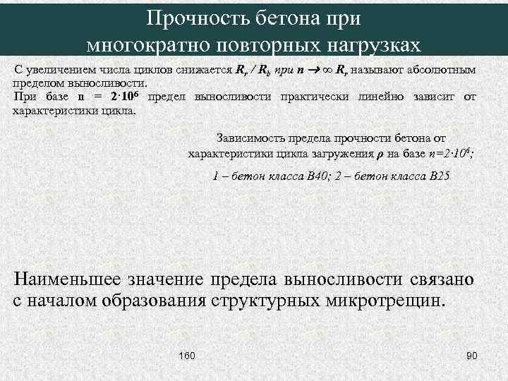 Прочность бетона при многократно повторных нагрузках С увеличением числа циклов снижается Rr / Rb