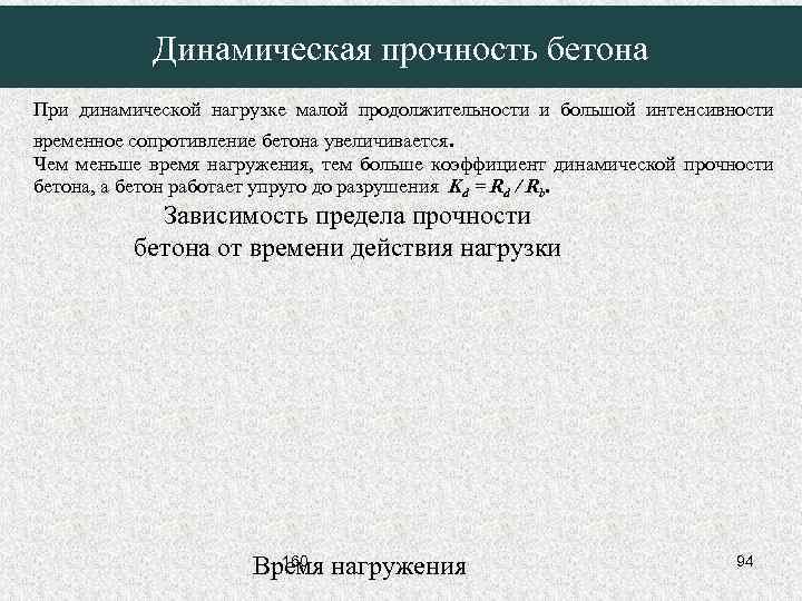 Динамическая прочность бетона При динамической нагрузке малой продолжительности и большой интенсивности временное сопротивление бетона