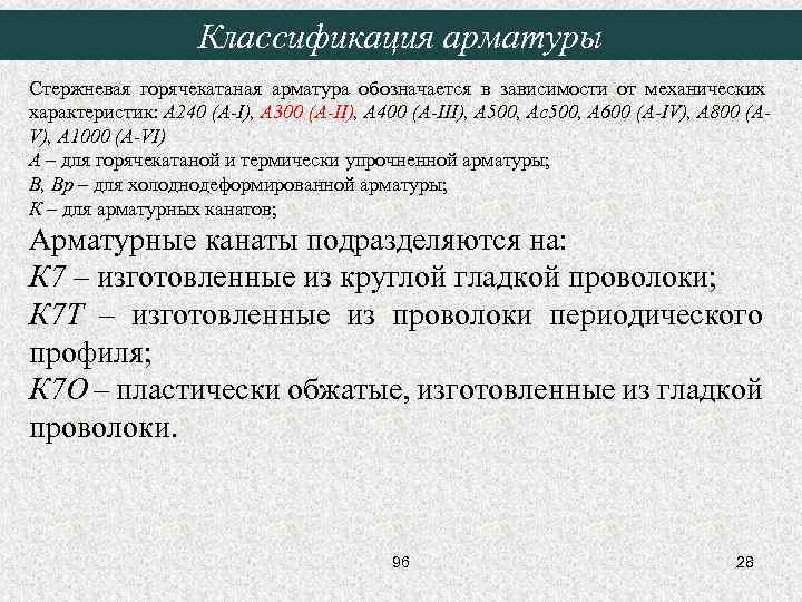 Классификация арматуры Стержневая горячекатаная арматура обозначается в зависимости от механических характеристик: А 240 (A-I),
