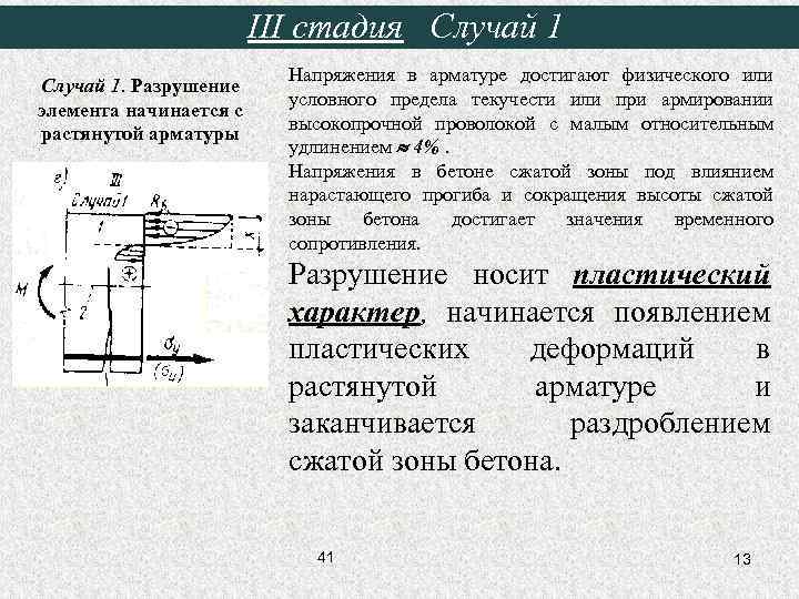 III стадия Случай 1. Разрушение элемента начинается с растянутой арматуры Напряжения в арматуре достигают