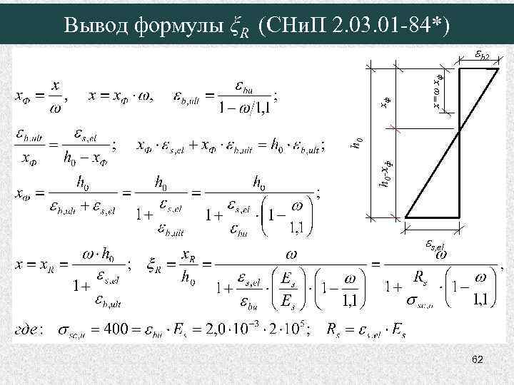 Вывод формулы ξR (СНи. П 2. 03. 01 -84*) x=ω xф h 0 -xф