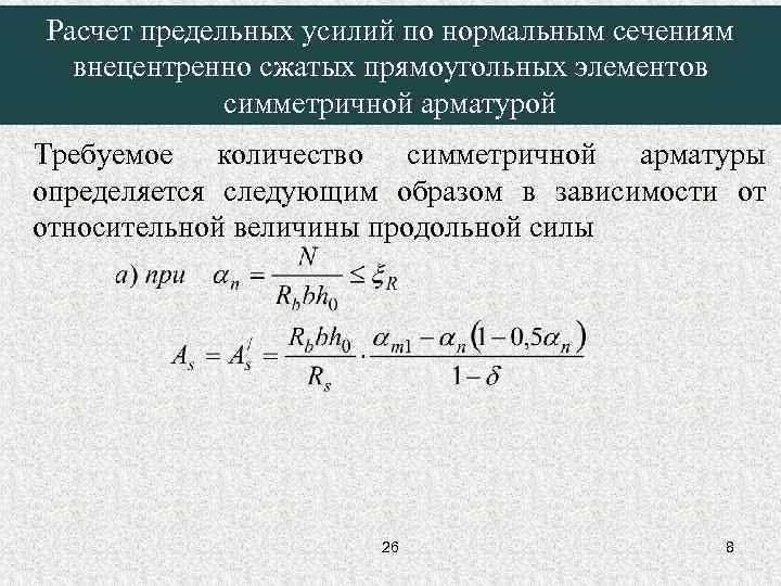 Расчет предельных усилий по нормальным сечениям внецентренно сжатых прямоугольных элементов симметричной арматурой Требуемое количество