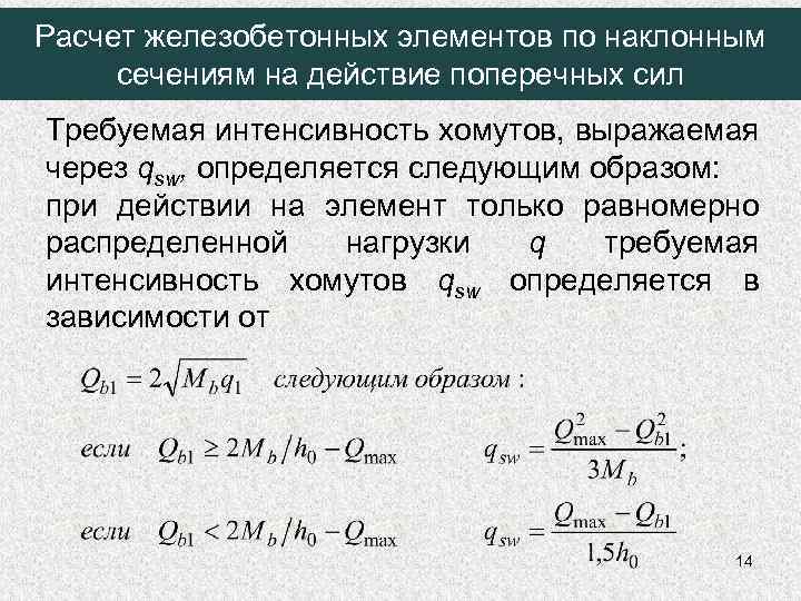 Расчет железобетонных элементов по наклонным сечениям на действие поперечных сил Требуемая интенсивность хомутов, выражаемая