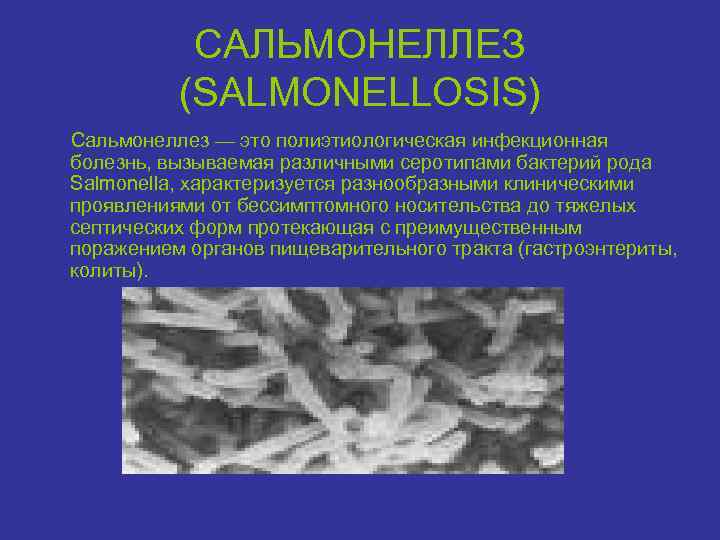 САЛЬМОНЕЛЛЕЗ (SALMONELLOSIS) Сальмонеллез — это полиэтиологическая инфекционная болезнь, вызываемая различными серотипами бактерий рода Salmonella,