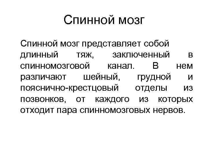 Спинной мозг представляет собой длинный тяж, заключенный в спинномозговой канал. В нем различают шейный,