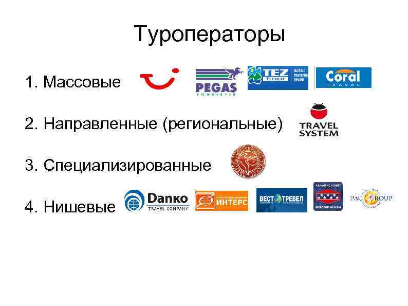 Туроператоры 1. Массовые 2. Направленные (региональные) 3. Специализированные 4. Нишевые 