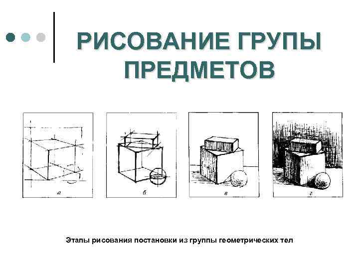 РИСОВАНИЕ ГРУПЫ ПРЕДМЕТОВ Этапы рисования постановки из группы геометрических тел 