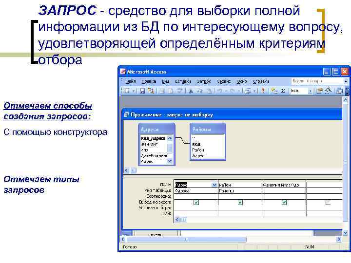 ЗАПРОС - средство для выборки полной информации из БД по интересующему вопросу, удовлетворяющей определённым