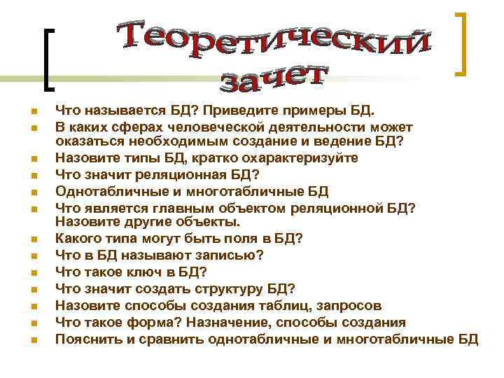 n n n n Что называется БД? Приведите примеры БД. В каких сферах человеческой