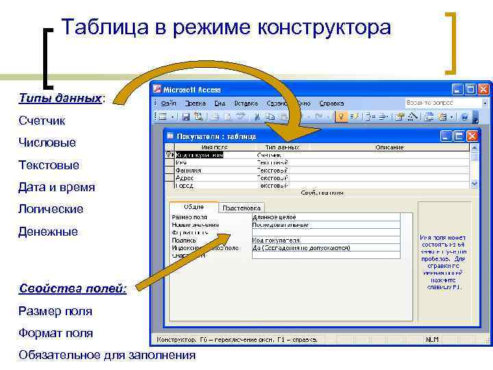 Таблица в режиме конструктора Типы данных: Счетчик Числовые Текстовые Дата и время Логические Денежные
