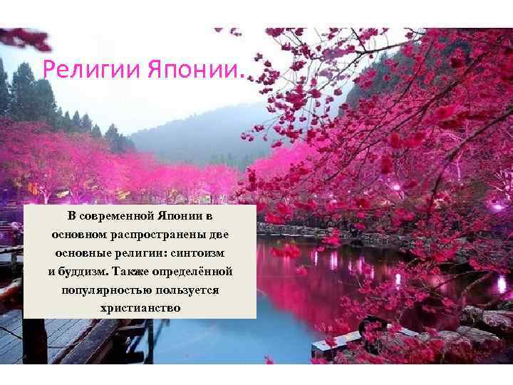 Религии Японии. В современной Японии в основном распространены две основные религии: синтоизм и буддизм.