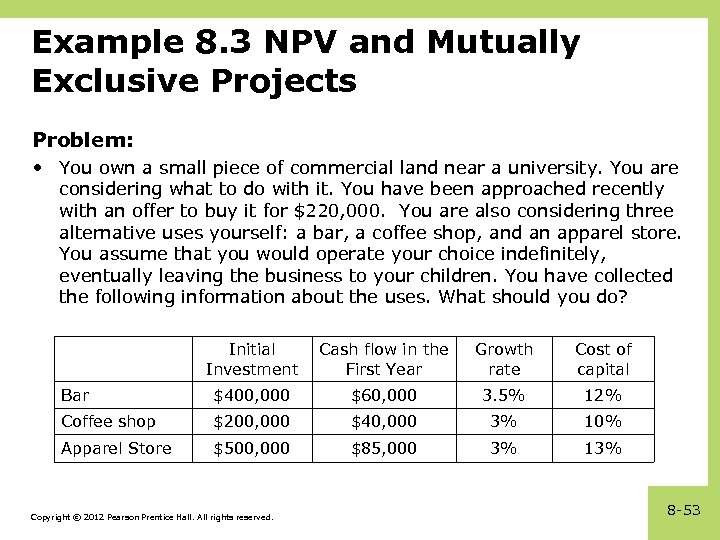 Example 8. 3 NPV and Mutually Exclusive Projects Problem: • You own a small