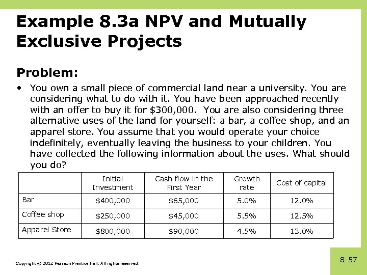 Example 8. 3 a NPV and Mutually Exclusive Projects Problem: • You own a