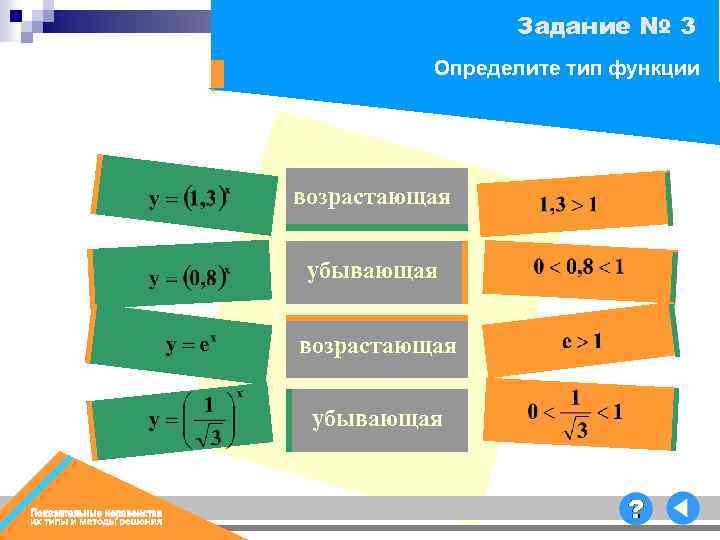Задание № 3 Определите тип функции возрастающая убывающая 