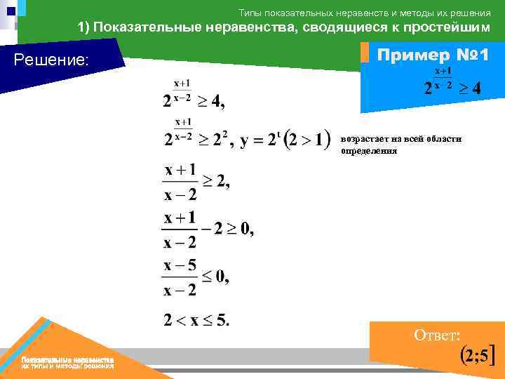 Типы показательных неравенств и методы их решения 1) Показательные неравенства, сводящиеся к простейшим Решение: