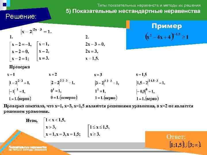 Типы показательных неравенств и методы их решения Решение: 5) Показательные нестандартные неравенства Пример Проверка