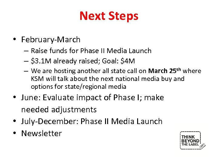 Next Steps • February-March – Raise funds for Phase II Media Launch – $3.