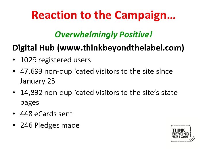 Reaction to the Campaign… Overwhelmingly Positive! Digital Hub (www. thinkbeyondthelabel. com) • 1029 registered