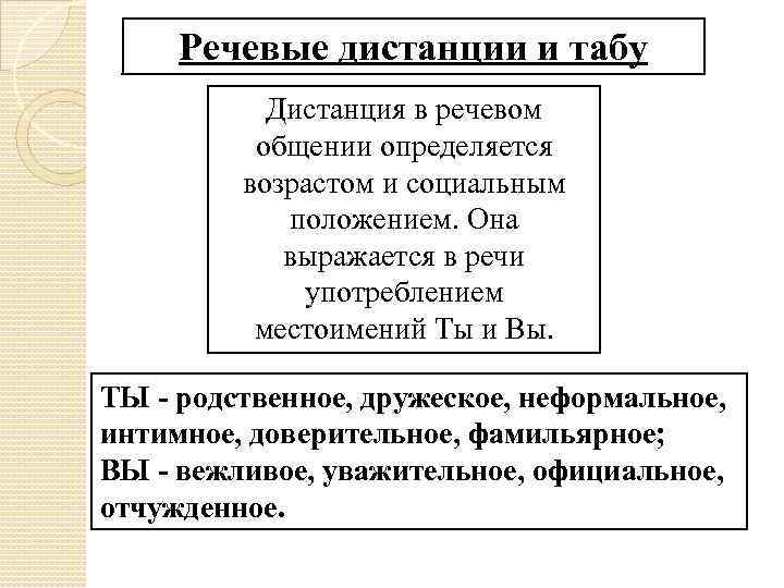 Речевые дистанции и табу Дистанция в речевом общении определяется возрастом и социальным положением. Она