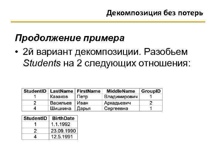 Декомпозиция без потерь Продолжение примера • 2 й вариант декомпозиции. Разобьем Students на 2