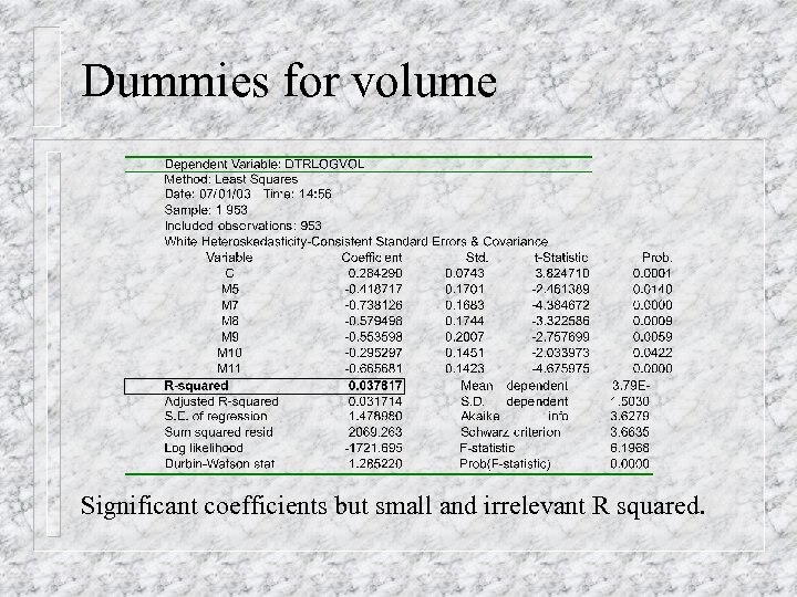 Dummies for volume Significant coefficients but small and irrelevant R squared. 