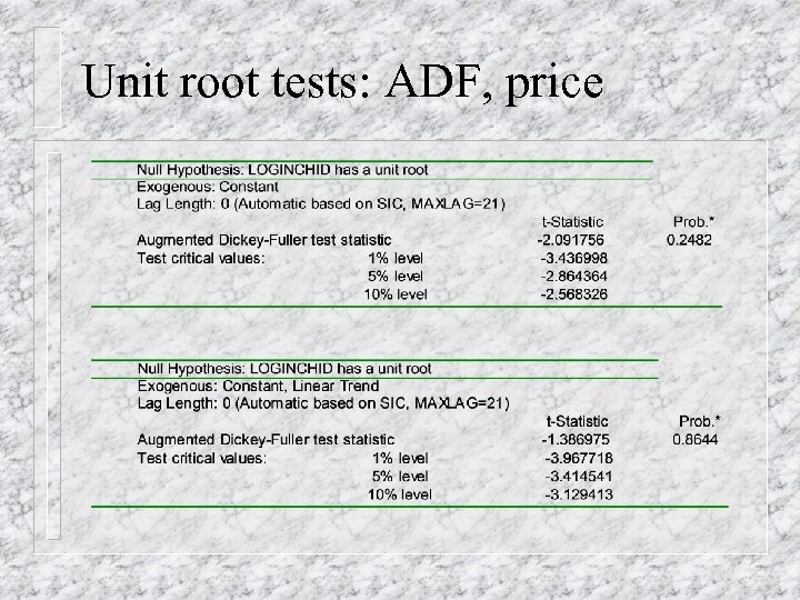 Unit root tests: ADF, price 