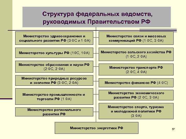 Структура федеральных ведомств, руководимых Правительством РФ Министерство здравоохранения и социального развития РФ (3 ФС