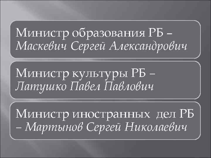 Министр образования РБ – Маскевич Сергей Александрович Министр культуры РБ – Латушко Павел Павлович