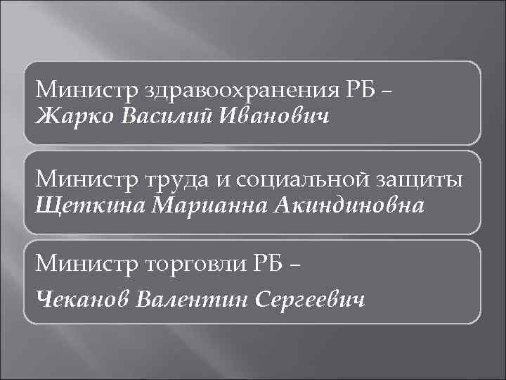 Министр здравоохранения РБ – Жарко Василий Иванович Министр труда и социальной защиты Щеткина Марианна