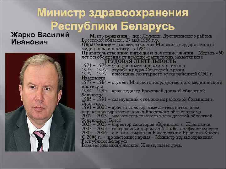 Министр здравоохранения Республики Беларусь Жарко Василий Иванович Место рождения – дер. Лесники, Дрогичинского района
