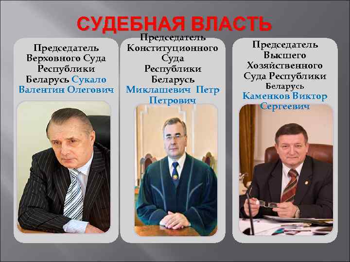 СУДЕБНАЯ ВЛАСТЬ Председатель Верховного Суда Республики Беларусь Сукало Валентин Олегович Конституционного Суда Республики Беларусь