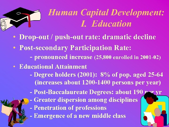 Human Capital Development: I. Education • Drop-out / push-out rate: dramatic decline • Post-secondary