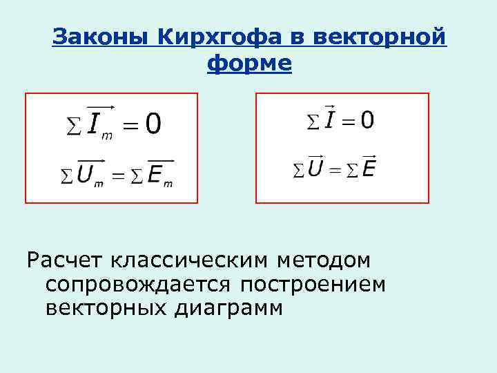Законы Кирхгофа в векторной форме Расчет классическим методом сопровождается построением векторных диаграмм 