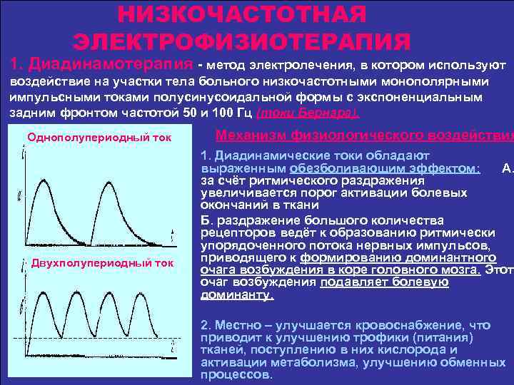 НИЗКОЧАСТОТНАЯ ЭЛЕКТРОФИЗИОТЕРАПИЯ 1. Диадинамотерапия - метод электролечения, в котором используют воздействие на участки тела