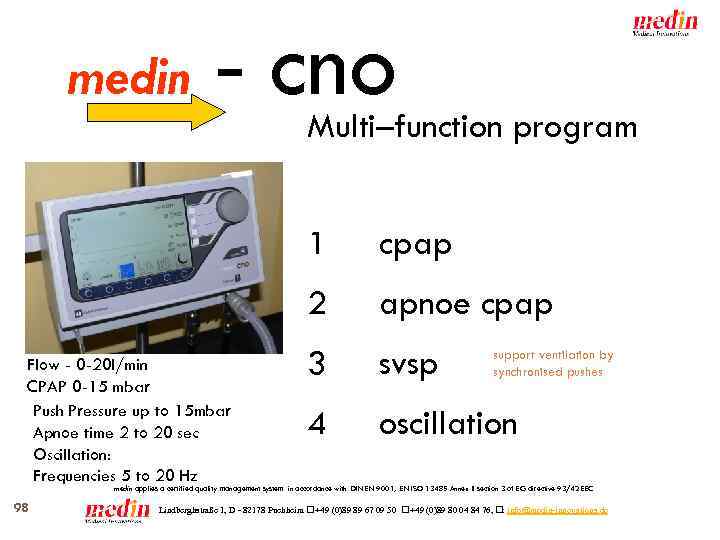 medin - cno Multi–function program 1 2 Flow - 0 -20 l/min CPAP 0